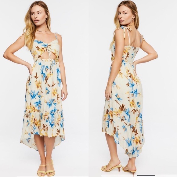 Forever 21 Dress Women Medium Midi Cut Out Floral Ruffled Hi Lo Cream    B4 - Picture 2 of 12